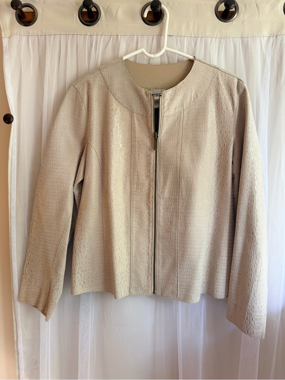 Chico's Cream Textured Zip-Front Leather Jacket